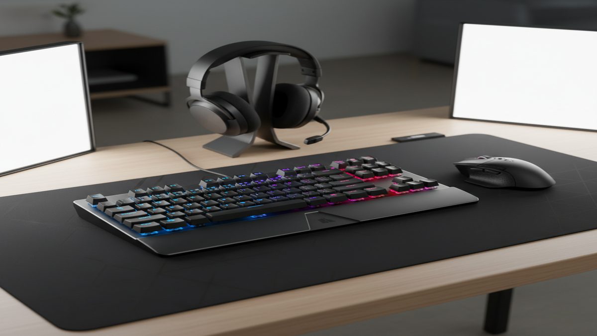 Gaming setup med mus, tastatur og headset